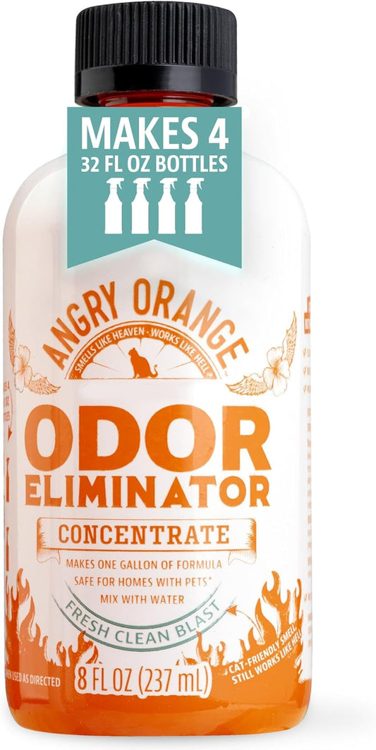 Angry Orange Pet Odor Eliminator for Home - Enzyme Deodorizer for Strong Odor - Dog or Cat Pee Smells on Carpet, Furniture & Floors - 8Oz Concentrate Makes 128Oz of Liquid - Fresh Clean Scent