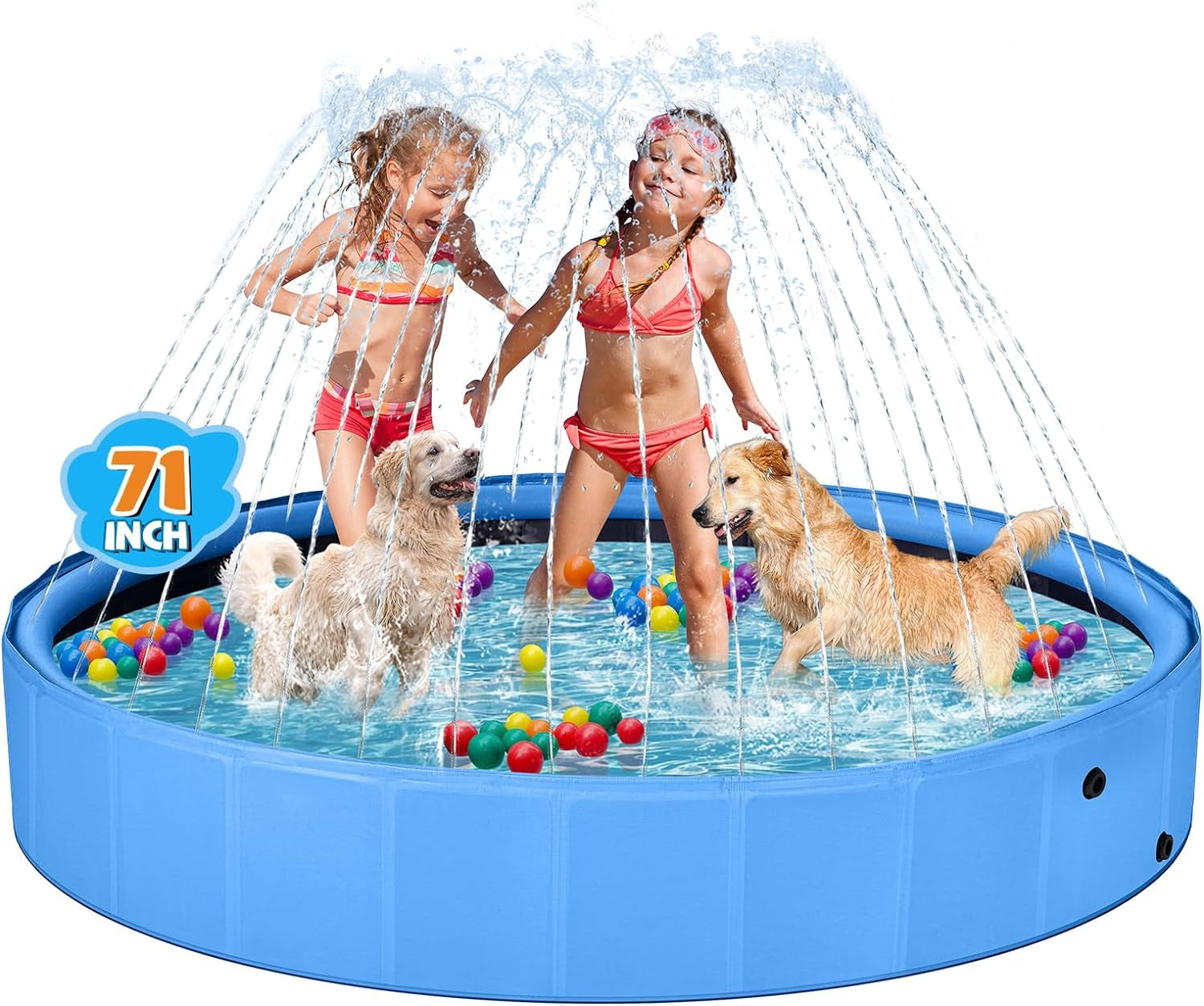 Jecoo Dog Pool with Sprinkler, Large 2-In-1 Foldable Dog Pool for Large Dogs Non-Slip Kiddie Pool Hard Plastic for Outdoor Backyard (71"X12")