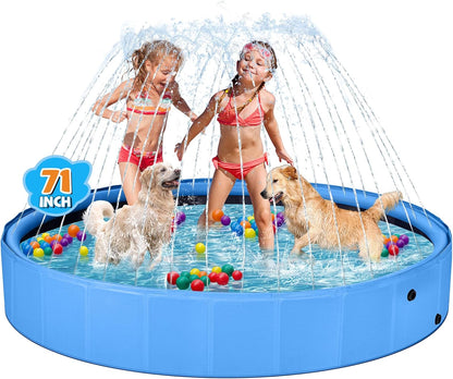 Jecoo Dog Pool with Sprinkler, Large 2-In-1 Foldable Dog Pool for Large Dogs Non-Slip Kiddie Pool Hard Plastic for Outdoor Backyard (71"X12")