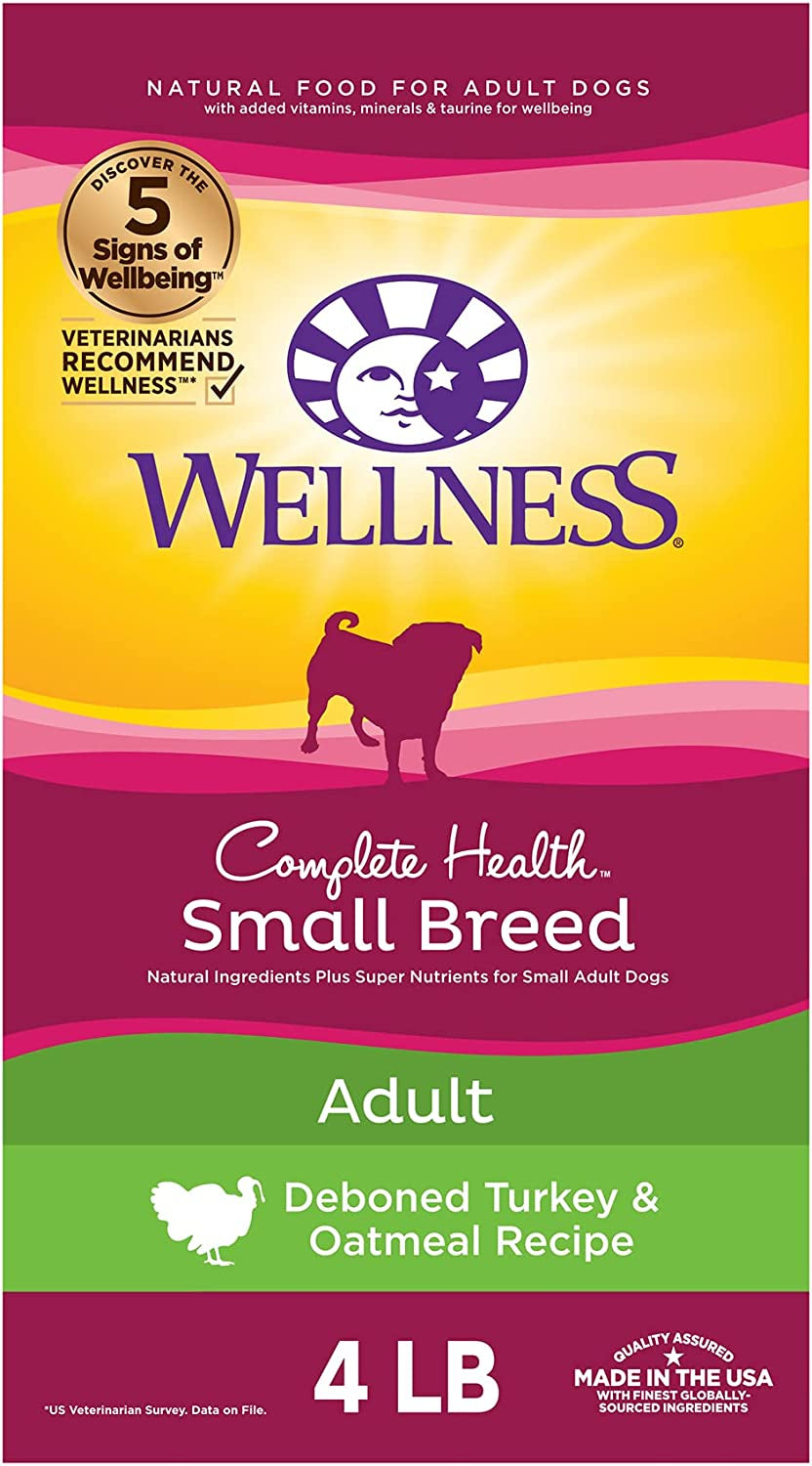 Wellness Complete Health Small Breed Dry Dog Food with Grains, Natural Ingredients, Made in USA with Real Turkey, for Dogs up to 25 Lbs, (Adult, Turkey & Oatmeal, 4-Pound Bag)