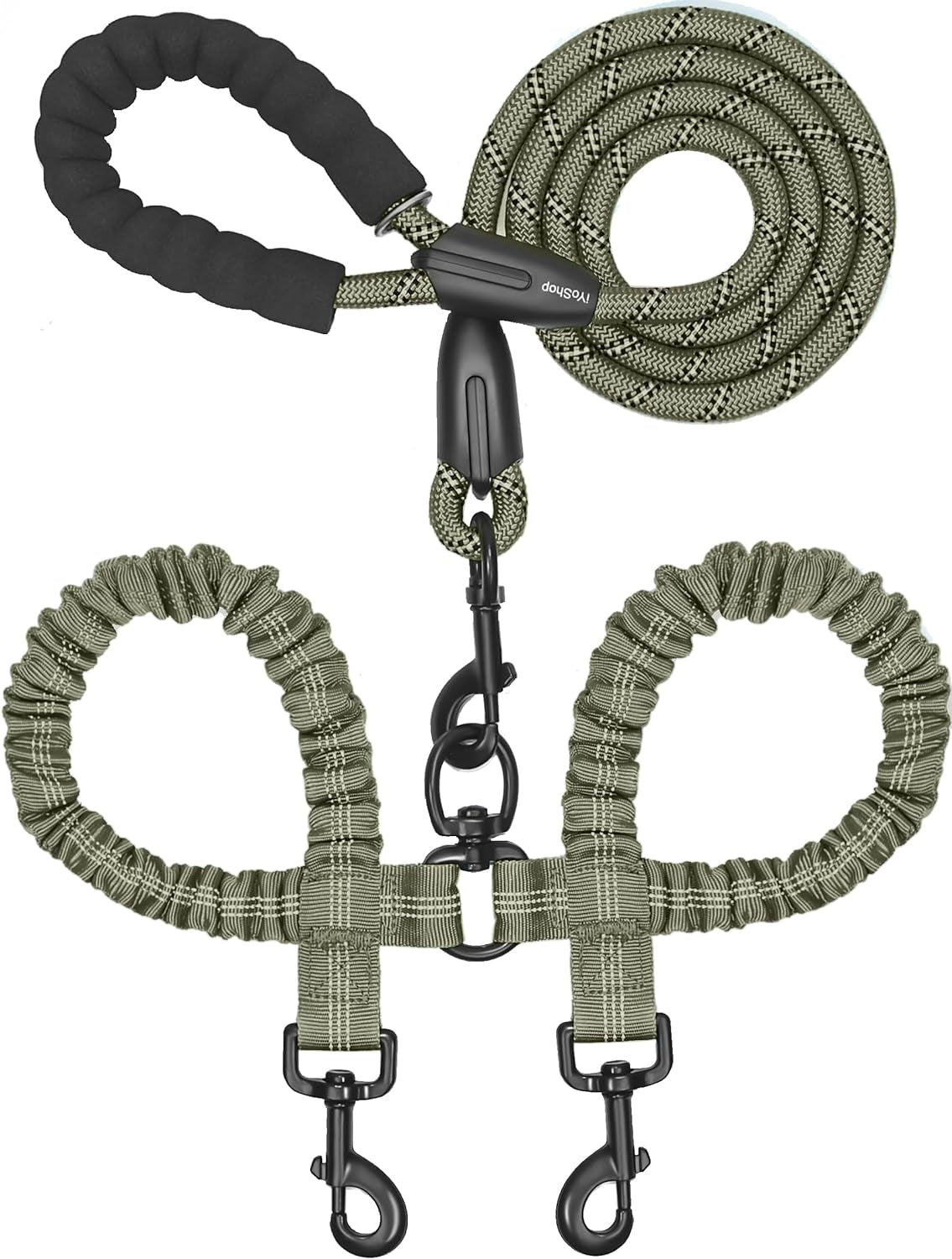 Iyoshop Dual Dog Leash, Double Dog Leash, 360 Swivel No Tangle Walking Leash, Shock Absorbing Bungee for Two Dogs, Military Green, Large (25-150 Lbs)