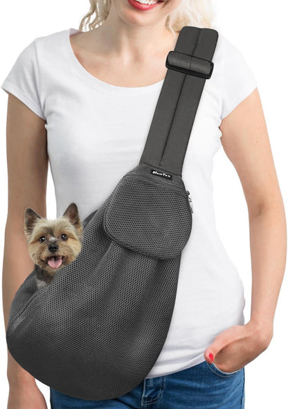 Slowton Dog Carrier Sling - Thick Padded Adjustable Shoulder Strap Dog Carriers for Small Dogs, Puppy Carrier Purse for Pet Cat with Front Zipper Pocket Safety Belt Machine Washable (Navy Knitted, M)