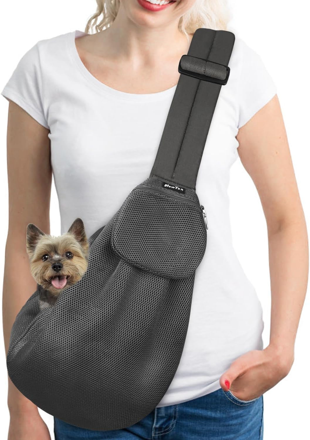 Slowton Dog Carrier Sling - Thick Padded Adjustable Shoulder Strap Dog Carriers for Small Dogs, Puppy Carrier Purse for Pet Cat with Front Zipper Pocket Safety Belt Machine Washable (Grey M)