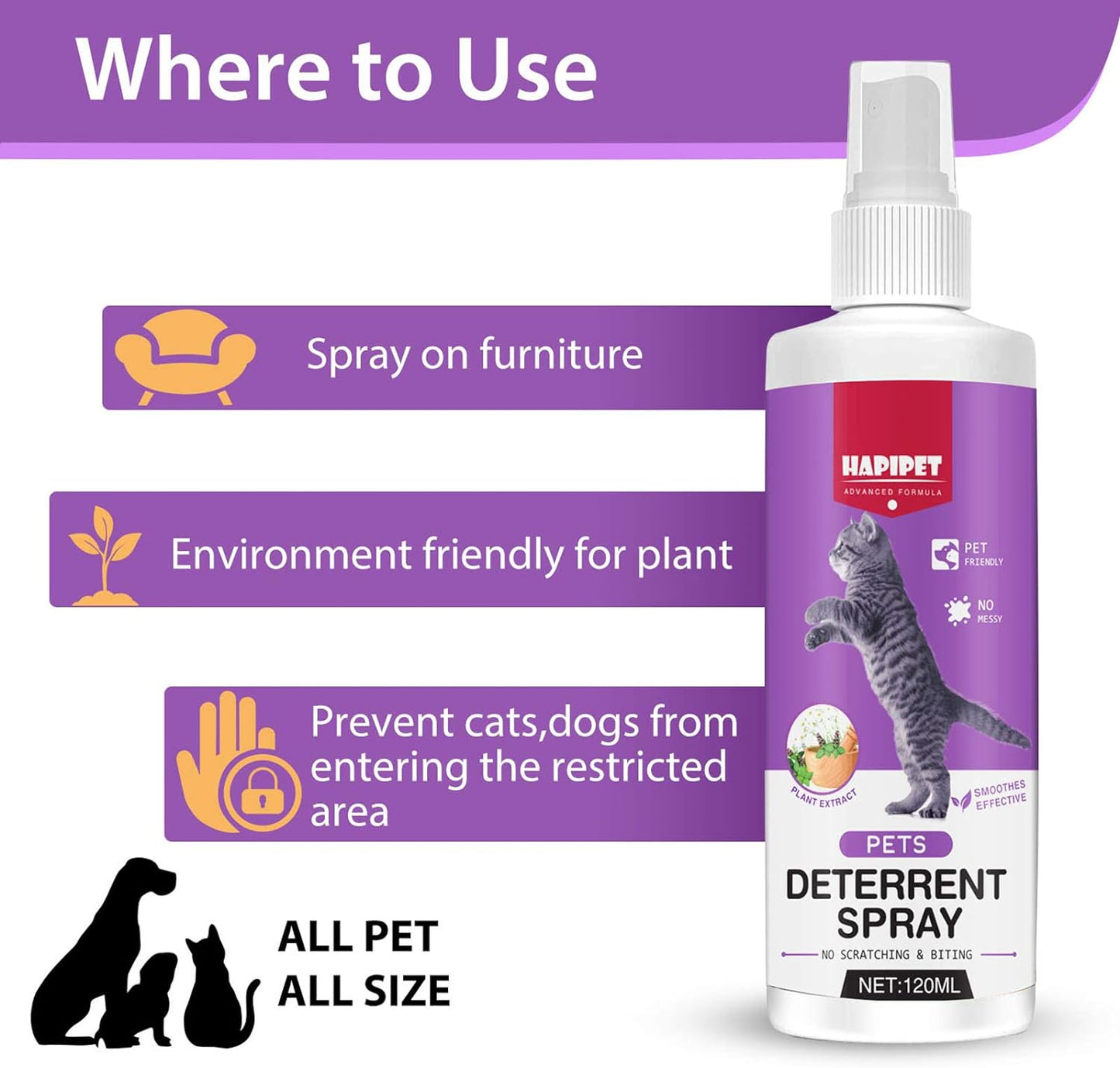 Cat Deterrent Spray, 120ML Cat Repellent Spray, Natural Cat Deterrent Indoor & Outdoor for Pet Behavior Training, Prevent Cats Scratching Furniture & Plants, Suitable for Cats & Dogs