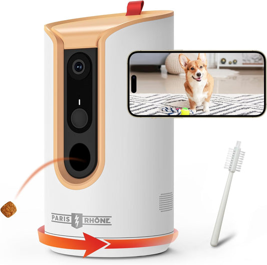 PARIS RHÔNE 2K Pet Camera, 360°View Dog Camera with Treat Dispensing, 5G Wifi Pets Monitoring with Smart Phone APP, Barking Detection and Motion Alerts, Two-Way Audio, Infrared Night Vision