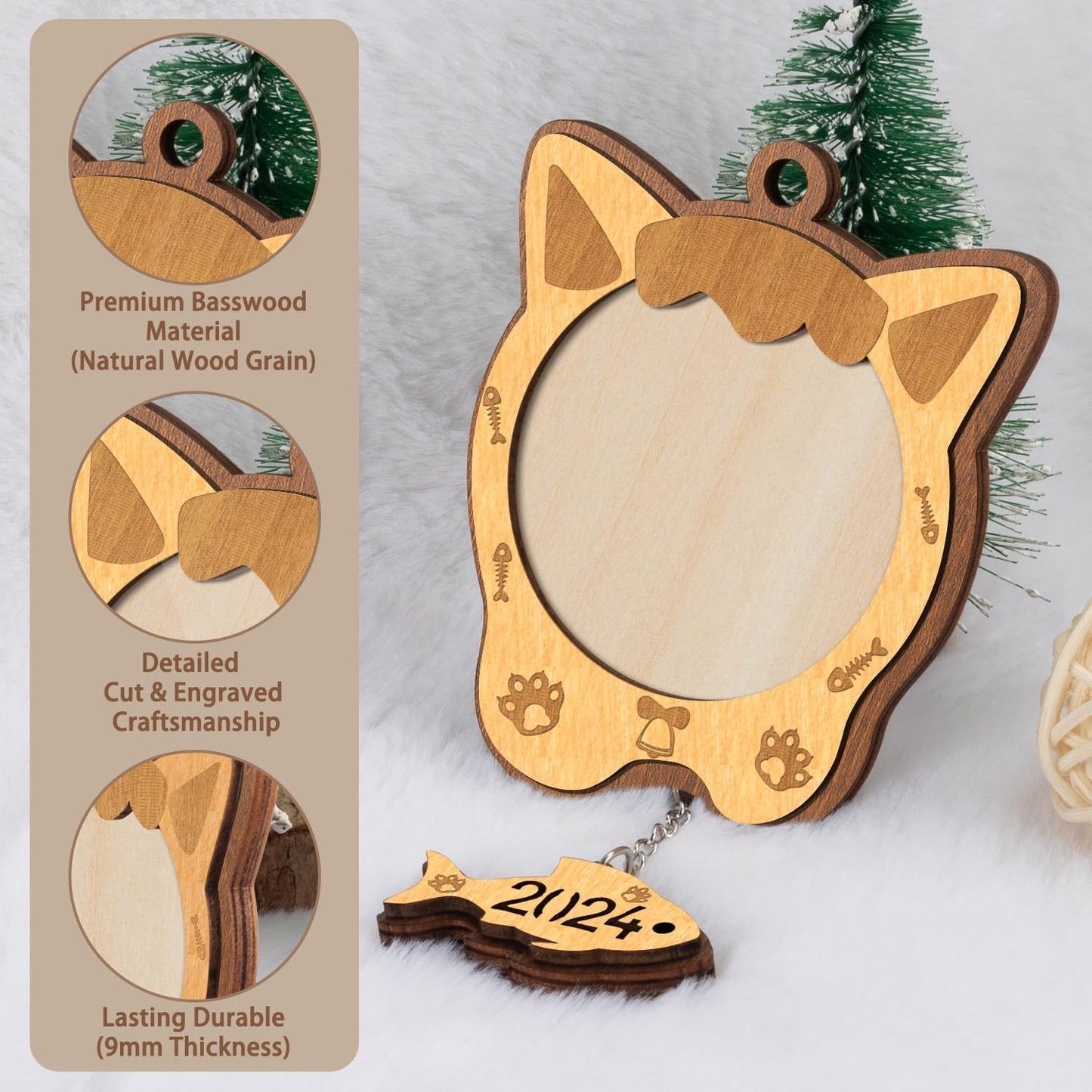 Creawoo Cat Picture Ornament 2024 Christmas Cat Photo Frame, Wooden Christmas Tree Decoration, Meow Xmas Ornament, Personalized Gift Holiday Hanging Pet Keepsake with Fish Dangle