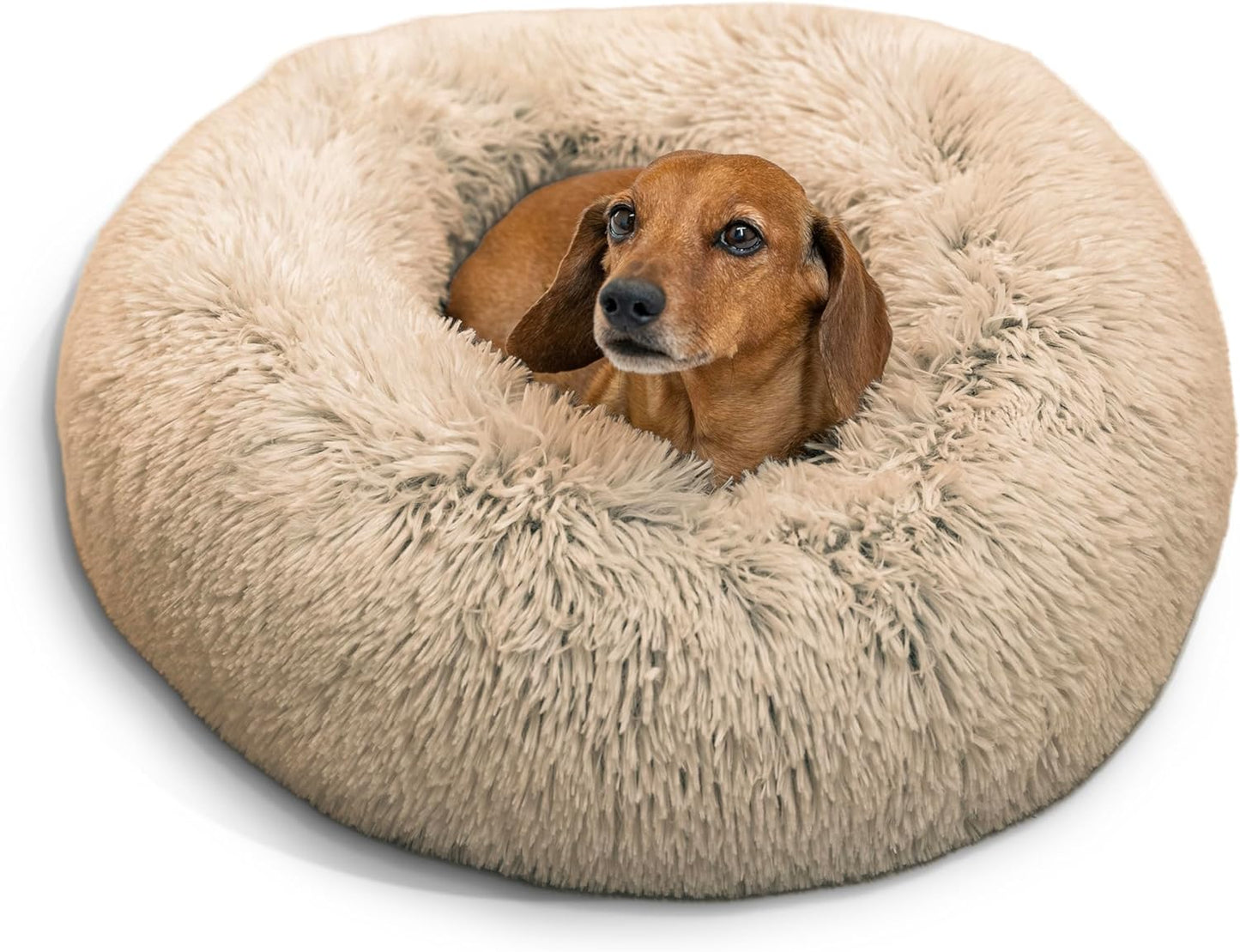 Best Friends by Sheri the Original Calming Donut Cat and Dog Bed in Shag Fur Taupe, Small 23"