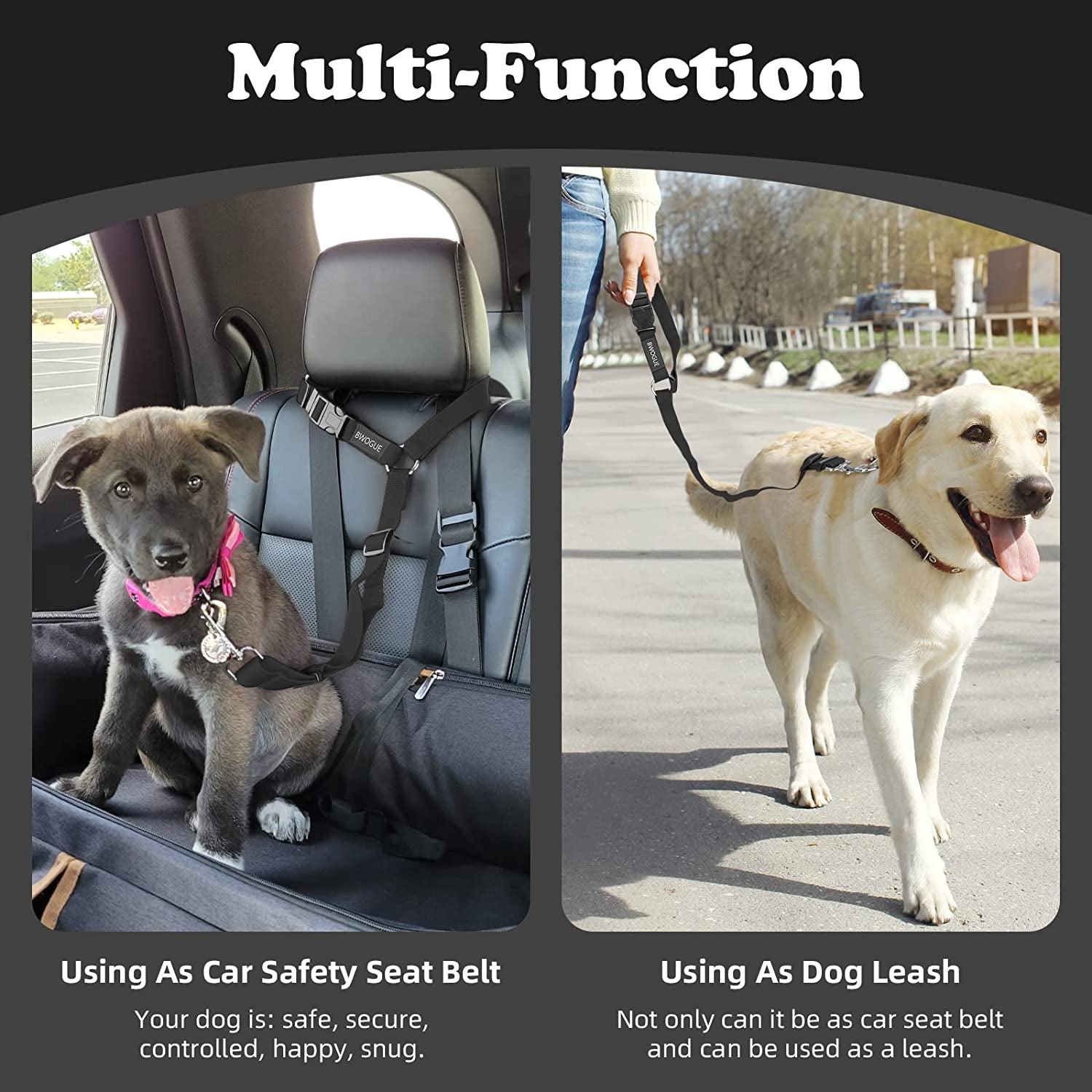 BWOGUE 2 Packs Dog Cat Safety Seat Belt Strap Car Headrest Restraint Adjustable Nylon Fabric Dog Restraints Vehicle Seatbelts Harness Grey