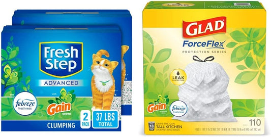 Fresh Step Advanced Clumping Cat Litter with Gain, 37 Lbs Total, Extra Large (2 Pack of 18.5Lb Boxes) + Glad Forceflex Protection Series Tall Trash Bags with Febreze, 13 Gal, 110 Ct