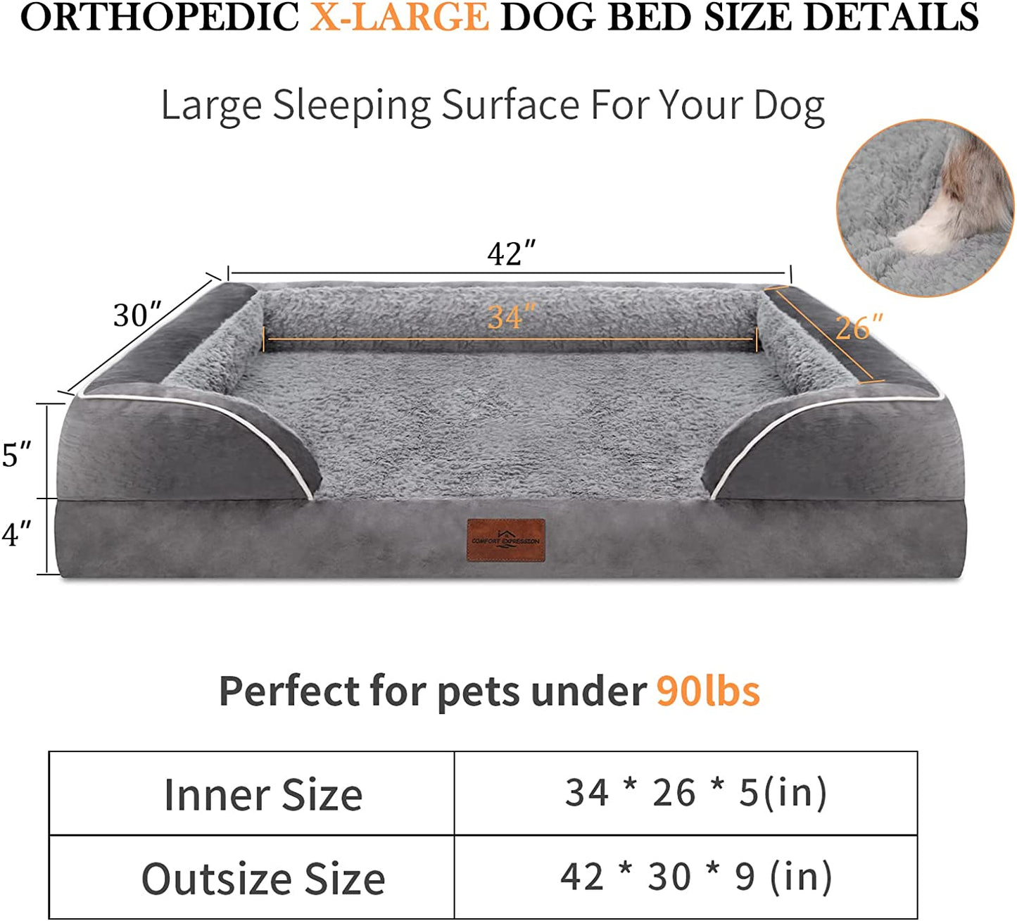 XL Dog Bed Waterproof, Extra Large Dog Beds Orthopedic Foam, Large Dog Beds with Bolster, Washable Dog Bed Sofa Pet Bed with Removable Cover & Non-Slip Bottom(X-Large,Grey White)