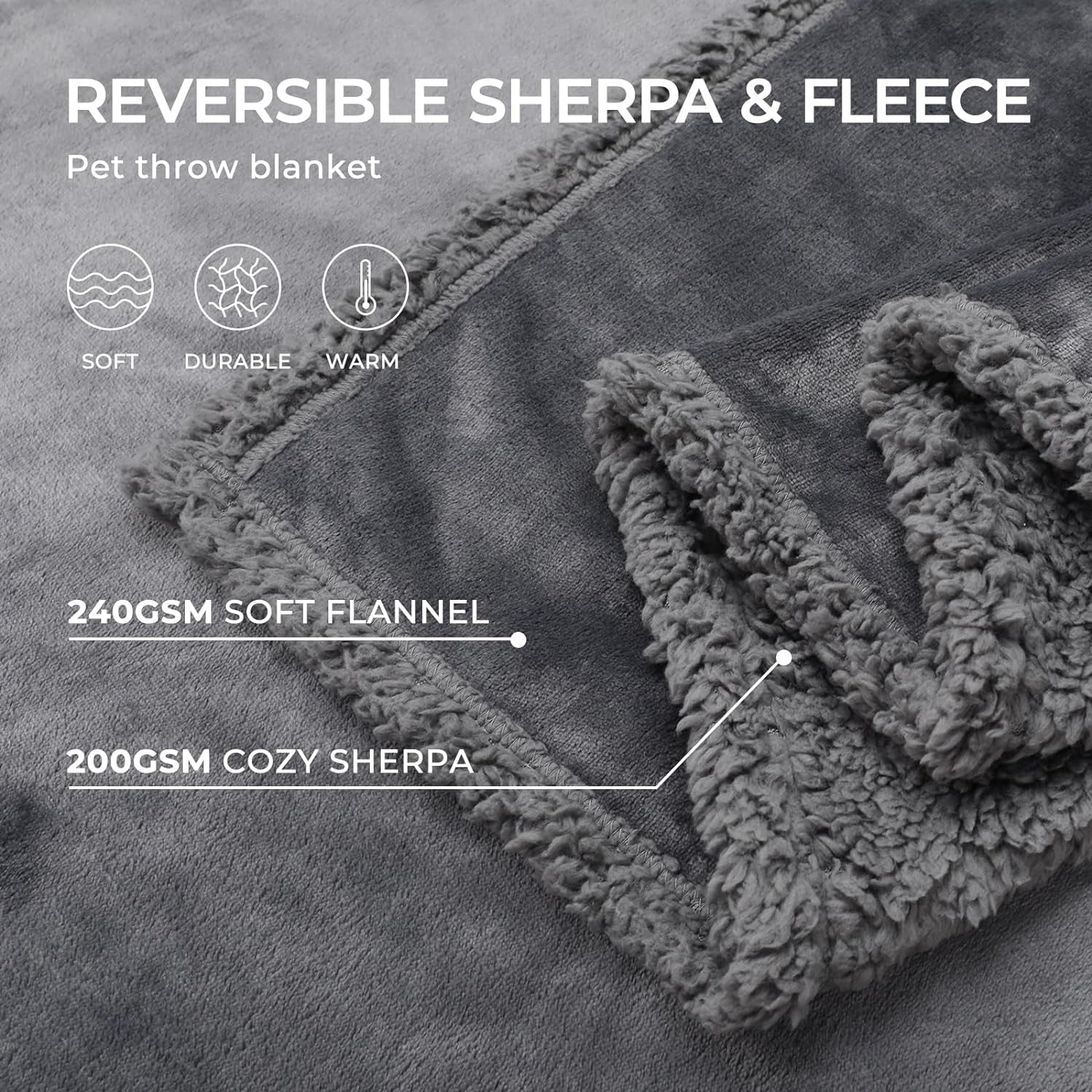 Waterproof Pet Blanket, Liquid Pee Proof Dog Blanket for Sofa Bed Couch, Reversible Sherpa Fleece Furniture Protector Cover for Small Medium Large Dogs Cats, Dark Gray Large（65" X 57"）