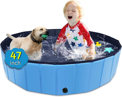 Foldable Dog Pool, 47" X 12" Kiddie Pool with Hard Plastic, Non-Slip Dog Bath Tub for Outdoor Backyard, Collapsible Dog Swimming Pool for Kids Dogs Pets (Blue)