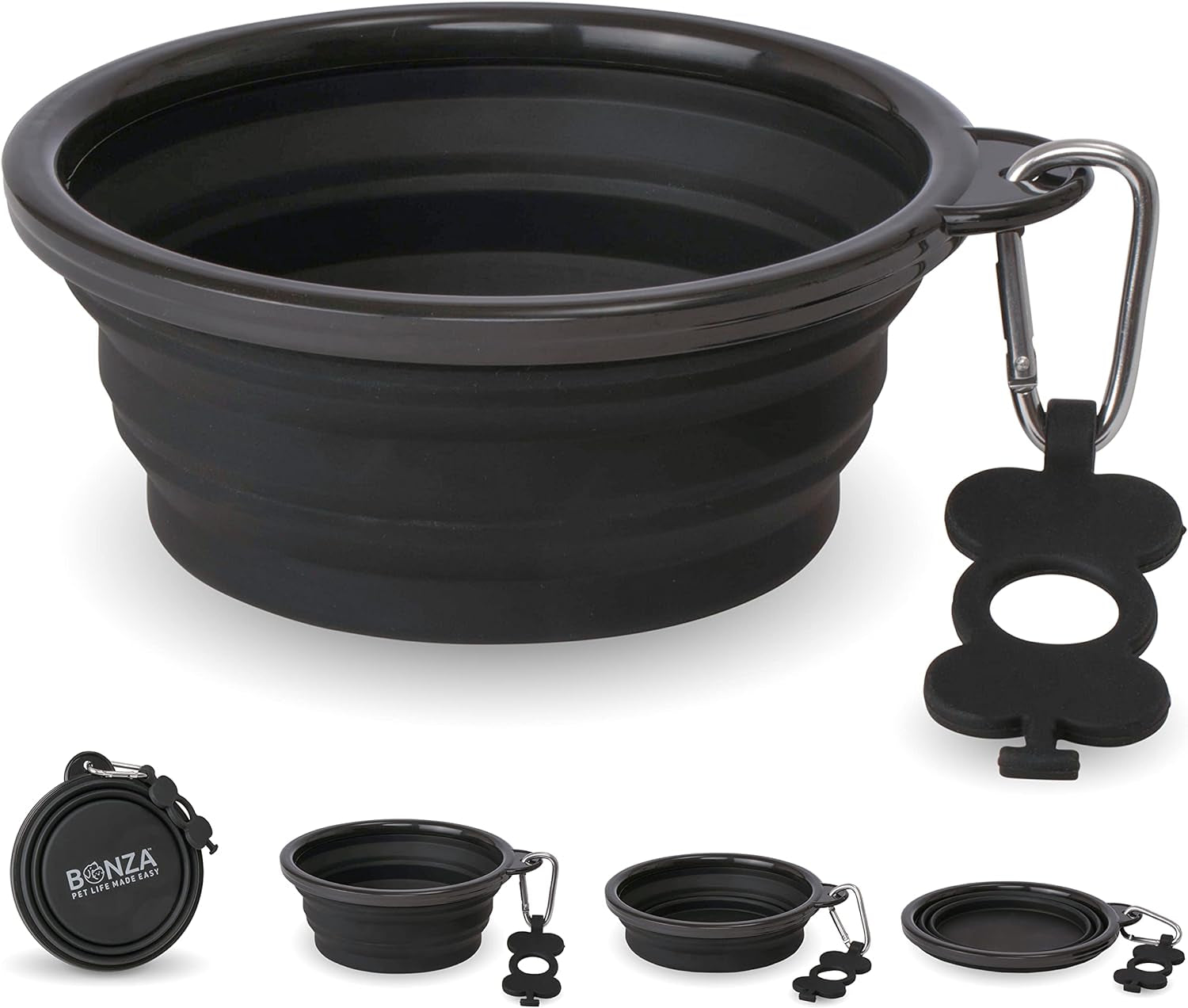 Large Collapsible Dog Bowl 1000 Ml, Sturdy Reinforced Rim, Includes Carabiner & Water Bottle Holder Keychain, Black