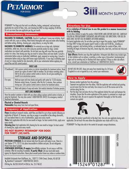 Petarmor for Dogs, Flea and Tick Treatment for Extra Large Dogs (89-132 Pounds), Includes 3 Month Supply of Topical Flea Treatments