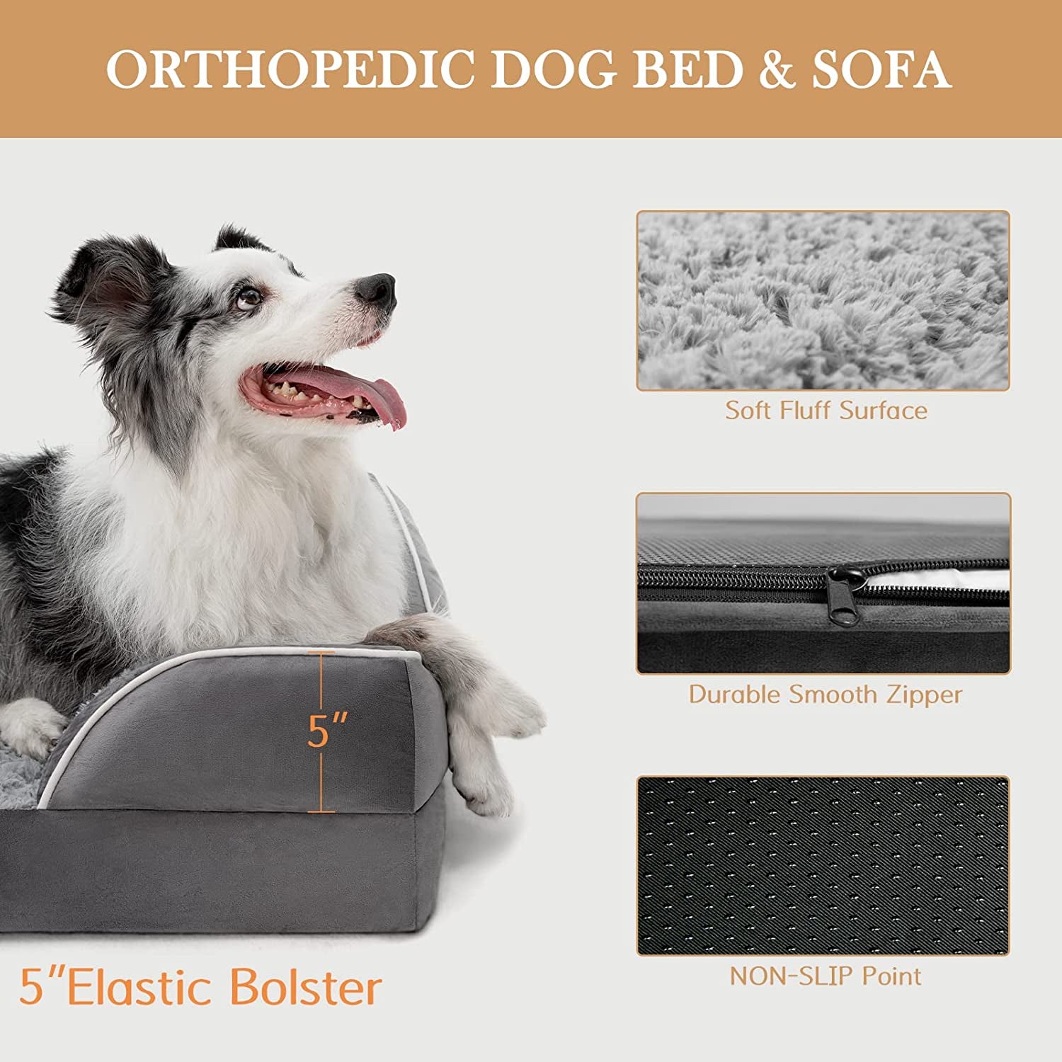 XL Dog Bed Waterproof, Extra Large Dog Beds Orthopedic Foam, Large Dog Beds with Bolster, Washable Dog Bed Sofa Pet Bed with Removable Cover & Non-Slip Bottom(X-Large,Grey White)