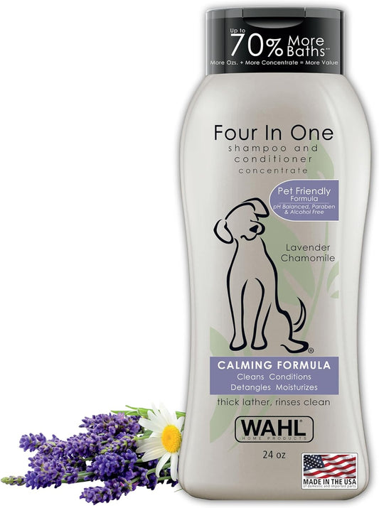 Wahl USA 4-In-1 Calming Pet Shampoo for Dogs – Cleans, Conditions, Detangles, & Moisturizes with Lavender Chamomile - Pet Friendly Formula - 24 Oz - Model 820000A