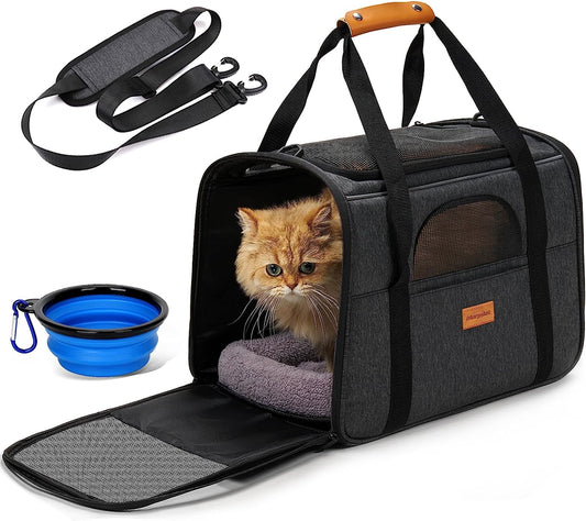 Morpilot Large Cat Carrier - Soft Sided Cat Carrier Large for Big Medium Cats and Puppy up to 20Lbs, Pet Carrier with Safety Zippers, Foldable Bowl, Pet Travel Carrier Bag - Dark Gray Large