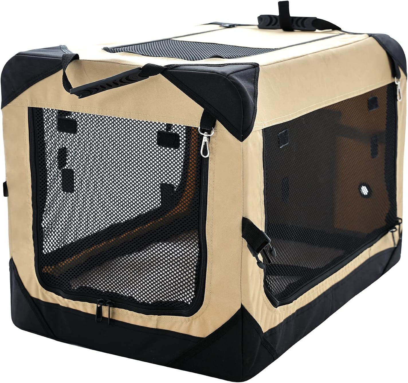 42 Inch Collapsible Dog Crate for Large Dogs, 4-Door Foldable Soft Dog Kennel with Chew Proof Mesh Windows, Indoor & Outdoor Travel Dog Crate, Soft Side Dog Crate,Beige