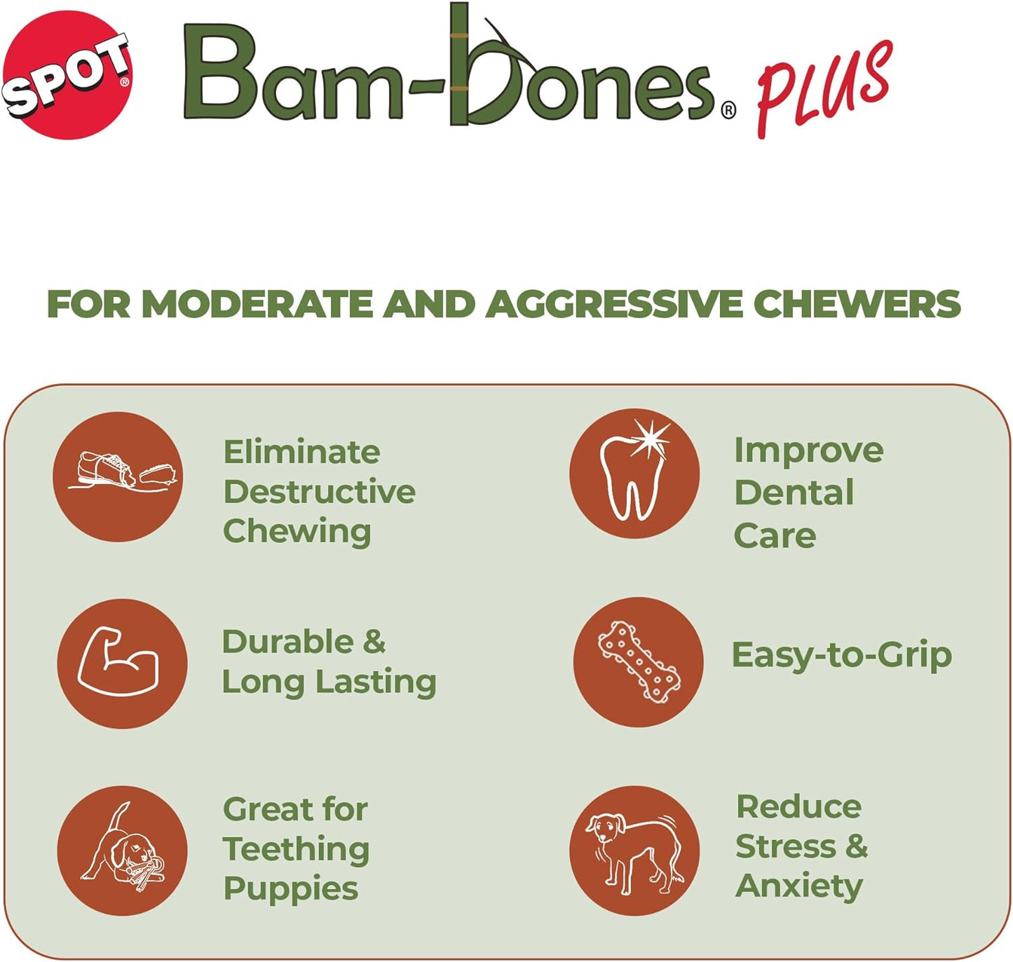 SPOT Bam-Bones plus T Bone - Bamboo Fiber & Nylon, Durable Long Lasting Dog Chew for Aggressive Chewers – Great Toy for Adult Dogs & Teething Puppies under 30Lbs, Non-Splintering, 4In, Beef Flavor