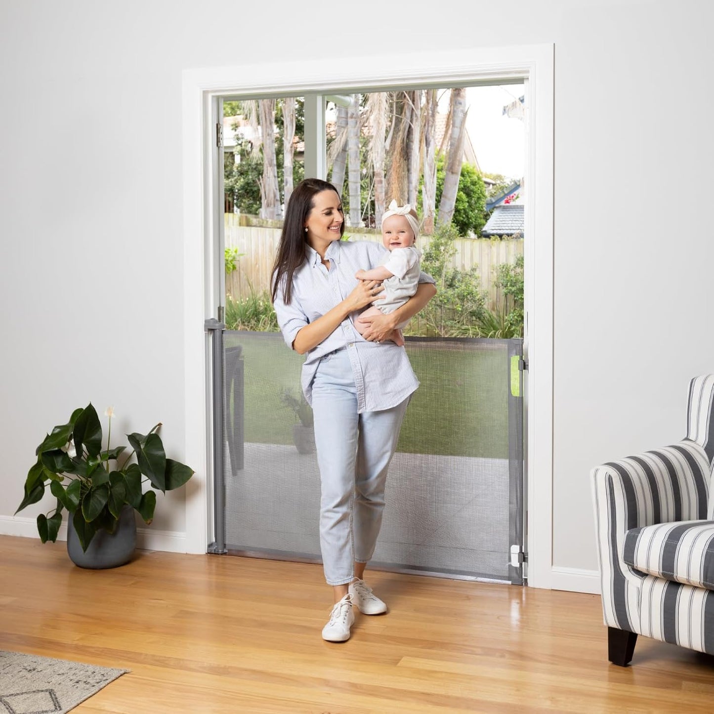 Retractable Baby Gate Perma Child Safety 41" Tall X 71” Wide, Mesh, for Stairs, Doorways, Dogs, Pets, Indoor, Outdoor, One-Handed Operation, Locking, Easy Install, Hardware Mount, Gray