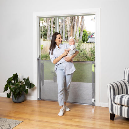 Retractable Baby Gate Perma Child Safety 41" Tall X 71” Wide, Mesh, for Stairs, Doorways, Dogs, Pets, Indoor, Outdoor, One-Handed Operation, Locking, Easy Install, Hardware Mount, Gray