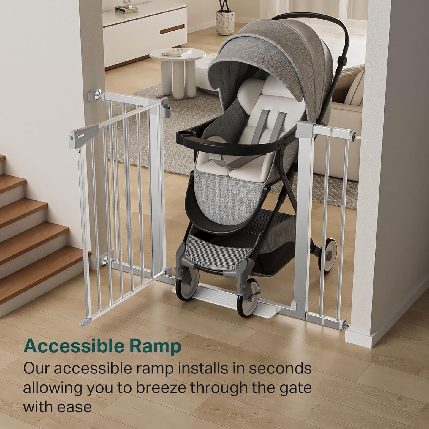 Cumbor 29.7-46" Baby Gate for Stairs, Mom's Choice Awards Winner-Auto Close Dog Gate for the House, Easy Install Pressure Mounted Pet Gates for Doorways, Easy Walk Thru Wide Safety Gate for Dog,Silver