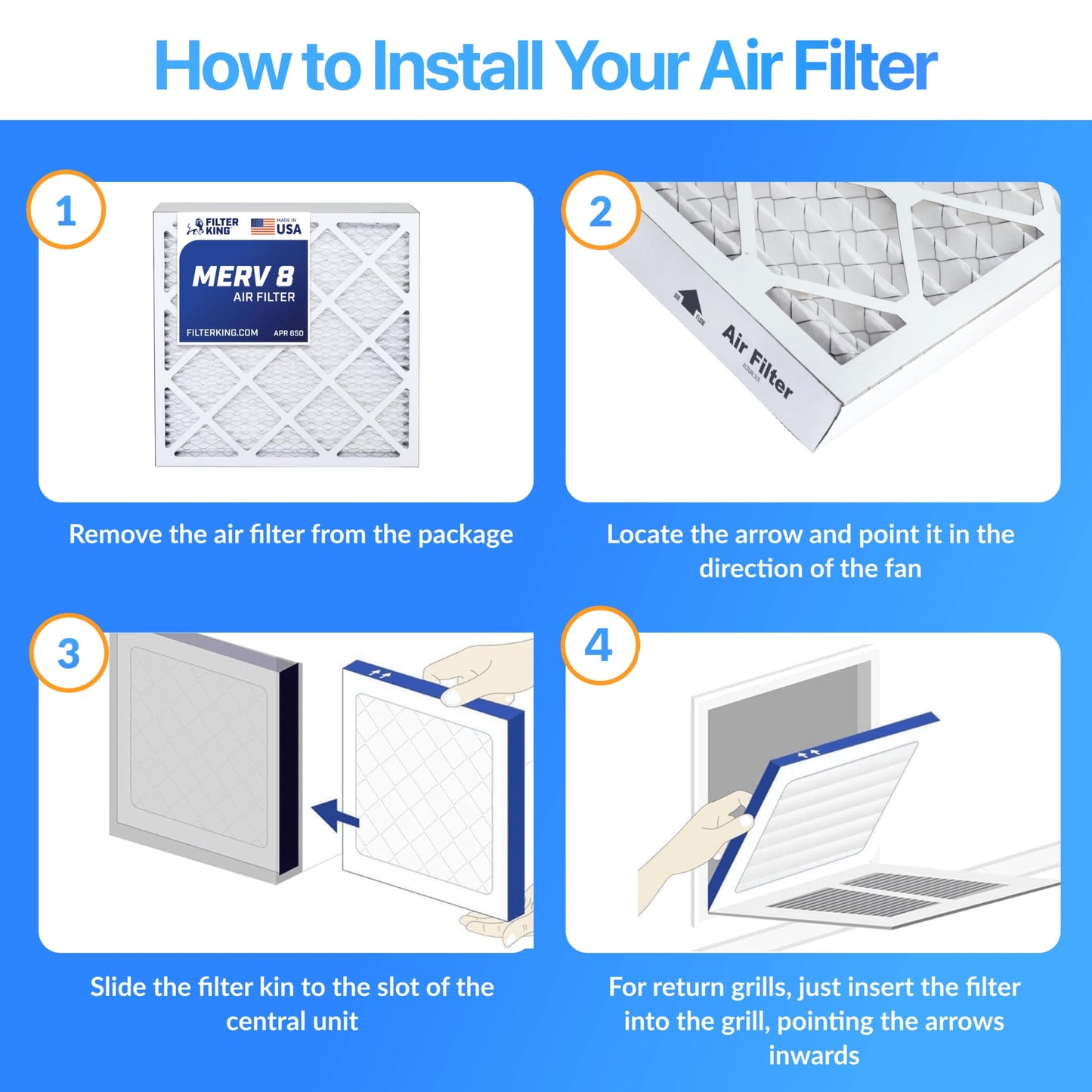 Filter King 15.5x19.5x1 Air Filter (MERV 8) (4-Pack) Dust & Allergy Control AC Furnace Filters, MADE IN USA, HVAC, Pleated, Electrostatic (Actual Size: 15.5 x 19.5 x .75)