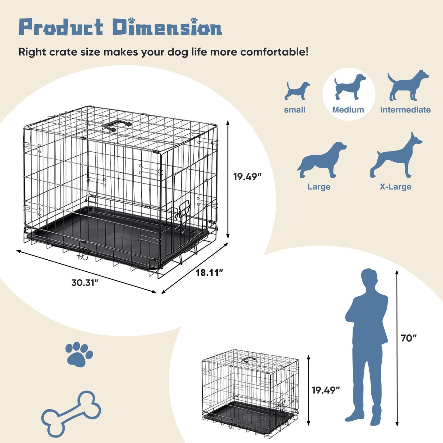 DUMOS Dog Crate, 30 Inch Medium Size Single Door Dog Cage with Plastic Leak-Proof Pan Tray, Folding Small Metal Wire Pet Kennel for Indoor, Outdoor, Travel
