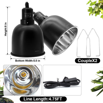 MECESOR Reptile Light Fixture, 2 Packs 5.5 Inch Deep Dome Lampshade Dimmable, Reptile Heat Lamp Fixture with Separate Switches Fit for UVB Bulb Basking Heat Bulb for Reptile Glass Terrariums
