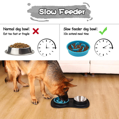 MateeyLife Dog Food and Water Bowl Set 3 in 1, Slow Feeder Dog Bowls & Stainless Steel Water Bowl with Non-Spill Silicone Mat, Cat and Puppy Bowls Pet Dishes for Small Medium Large Breed Anti-Choking