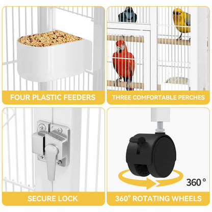 DWVO 41-inch Metal Bird Cage: Large Parrot Cages with Rolling Stand - Features Tray, Food Boxes & Wooden Perches for Parakeets, Lovebirds, Cockatiels, Finches and Pigeons, White