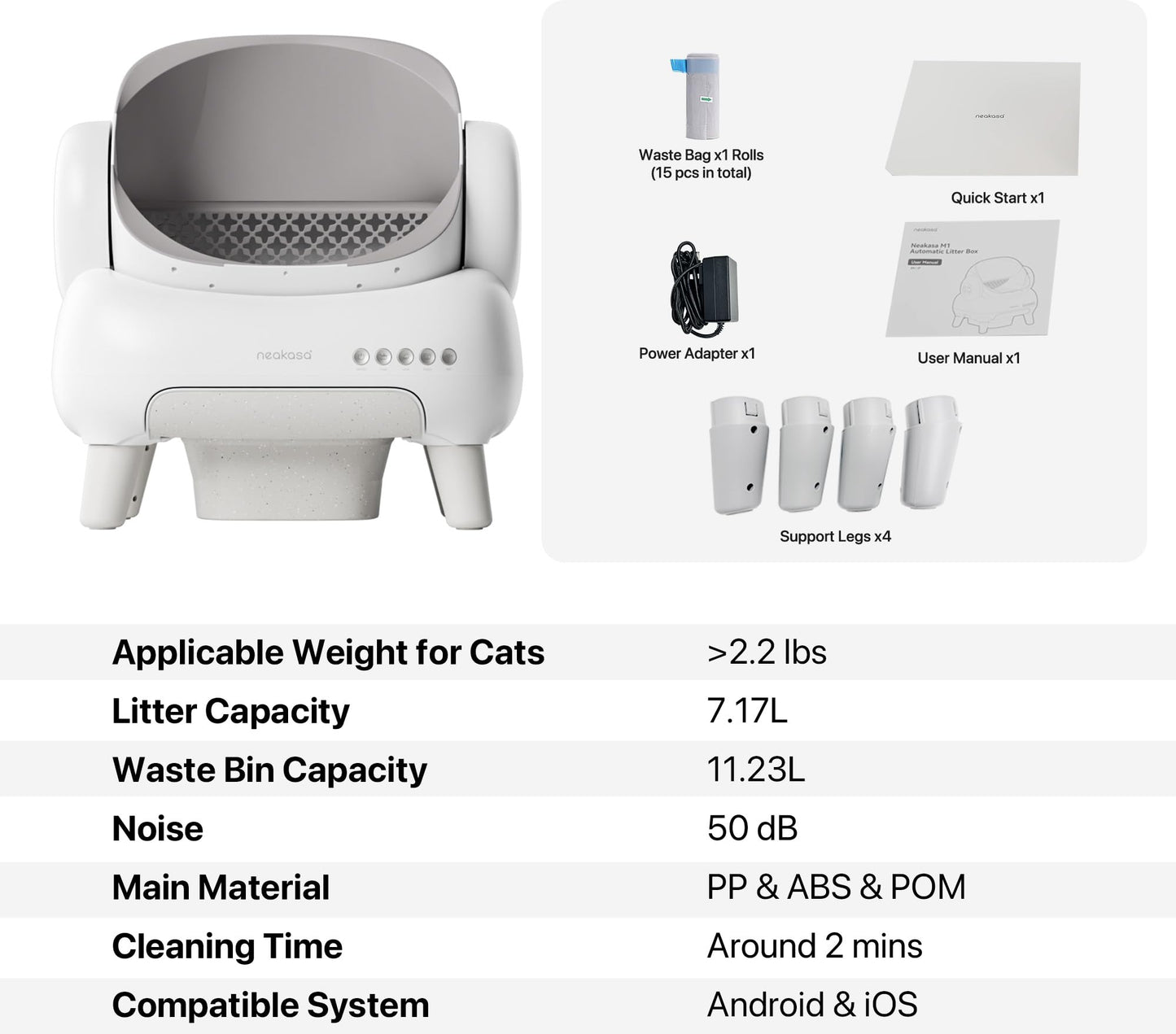 Neakasa M1 Plus Lite Open-Top Self Cleaning Cat Litter Box, Automatic Cat Litter Box with APP Control, Upgraded Safety Protection, Odor Control, Includes 1 Roll Waste Bag