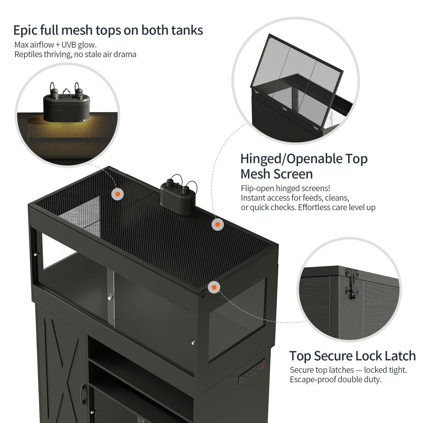 Terroute Dual Reptile Enclosure with Stand for Multiple Pets,120 Gallon Reptile Tank & 60 Gallon Reptile Terrarium with Cabinet,Sliding Doors,Power Outlet for Snakes,Lizards,Geckos Black CAGE004B