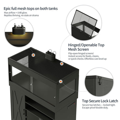 Terroute Dual Reptile Enclosure with Stand for Multiple Pets,120 Gallon Reptile Tank & 60 Gallon Reptile Terrarium with Cabinet,Sliding Doors,Power Outlet for Snakes,Lizards,Geckos Black CAGE004B