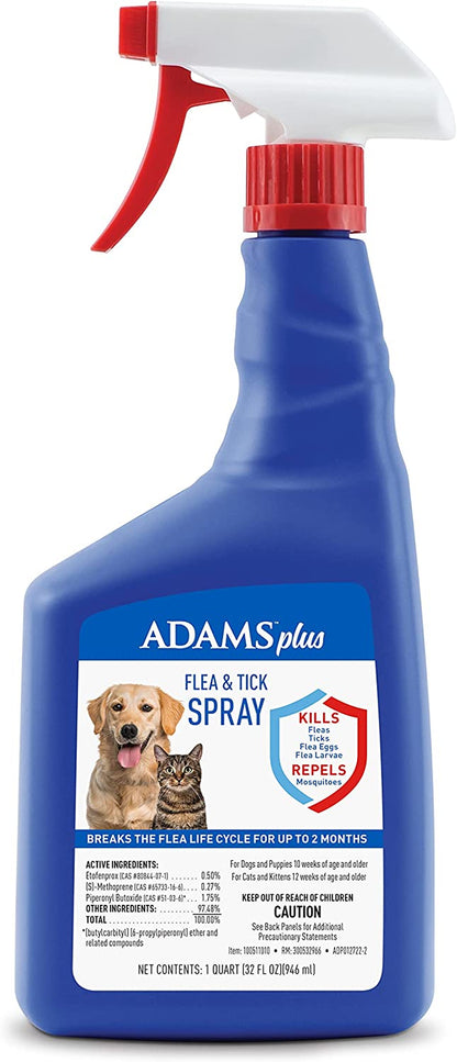 Adams plus Flea & Tick Spray | Kills Adult Fleas, Flea Eggs, Flea Larvae, Ticks, and Repels Mosquitoes for up to 2 Weeks | Controls Flea Reinfestation for up to 2 Months | 32 Oz