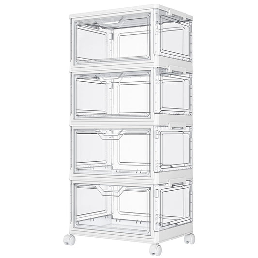 Kmiectse Clear Storage Bins with Lids - 4 Tier Plastic Bins with Wheels, Stackable Storage Bin, Closet Organizers Box for Bedroom, Living Room, 23 QT Folding Box with Magnetic door