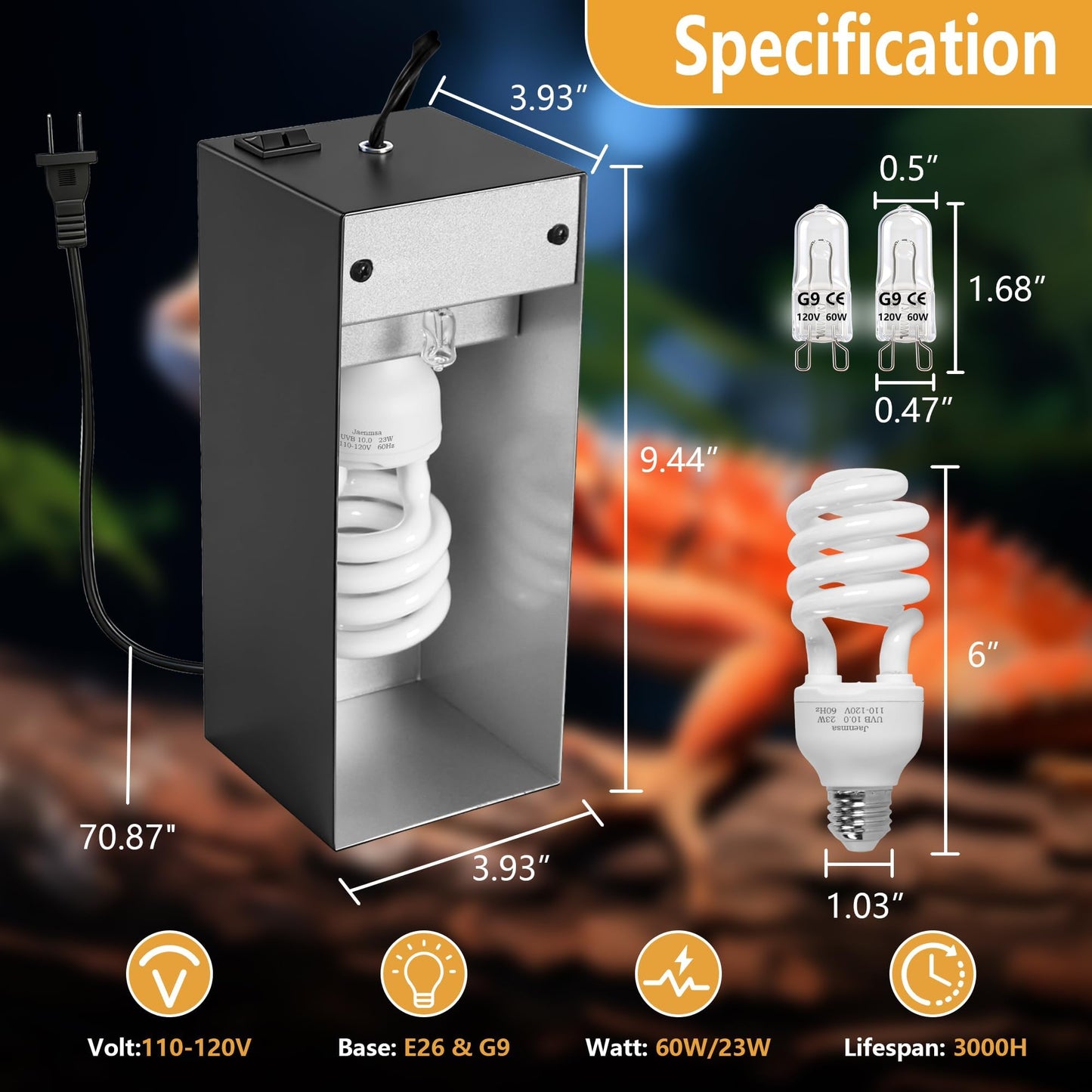 Jaenmsa Dual Reptile Heat Lamp Fixture Max 90W with Separate Switches, 23W 10.0 UVB Light & 2 Pcs 60W Halogen Heat Lamp for Reptiles, Bearded Dragon, Lizard, Turtle, Snake