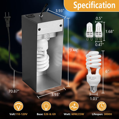 Jaenmsa Dual Reptile Heat Lamp Fixture Max 90W with Separate Switches, 23W 10.0 UVB Light & 2 Pcs 60W Halogen Heat Lamp for Reptiles, Bearded Dragon, Lizard, Turtle, Snake