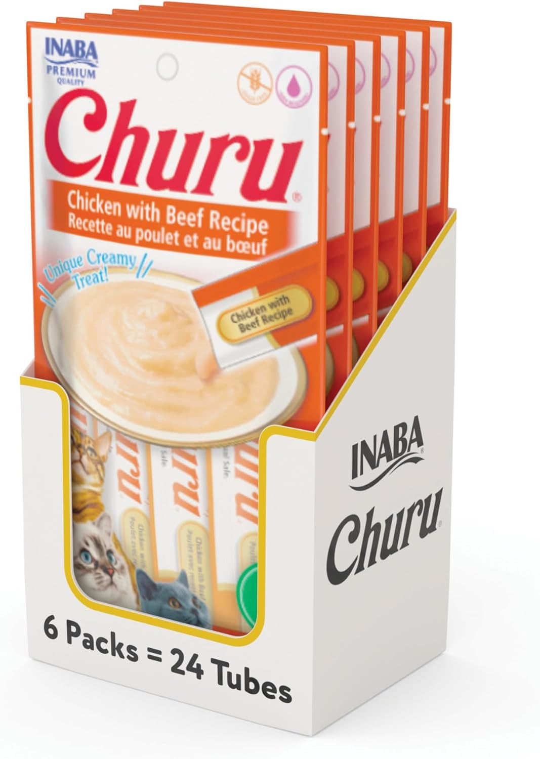 INABA Churu Cat Treats, Grain-Free, Lickable, Squeezable Creamy Purée Cat Treat/Topper with Vitamin E & Taurine, 0.5 Ounces Each Tube, 24 Tubes (4 per Pack), Chicken with Beef Recipe