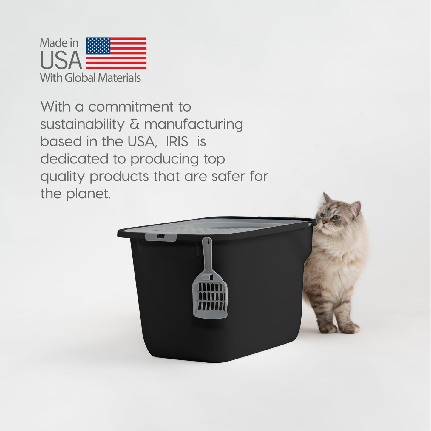 IRIS USA Large Cat Litter Box Top Entry with Lid, Enclosed Litter Box with Litter Catching Lid & Scoop, Covered Cat Litter Box Enclosure for Privacy, High Sided, Black/Gray