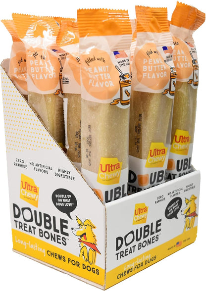 Ultra Chewy Peanut Butter Double Treat Bones: Long-Lasting Dog Treats Made in USA for Large and Small Breeds, Highly Digestible, Ideal for Aggressive Chewers (12 Count)