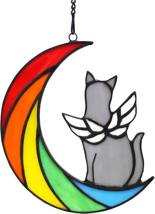 Grey Cat Memorial Gifts for Loss of Cat, Rainbow Bridge Pet Memorial Gifts Cat Suncatcher, Stained Glass Window Hangings Cat Gifts for Cat Lovers, Loss of Cat Sympathy Gift