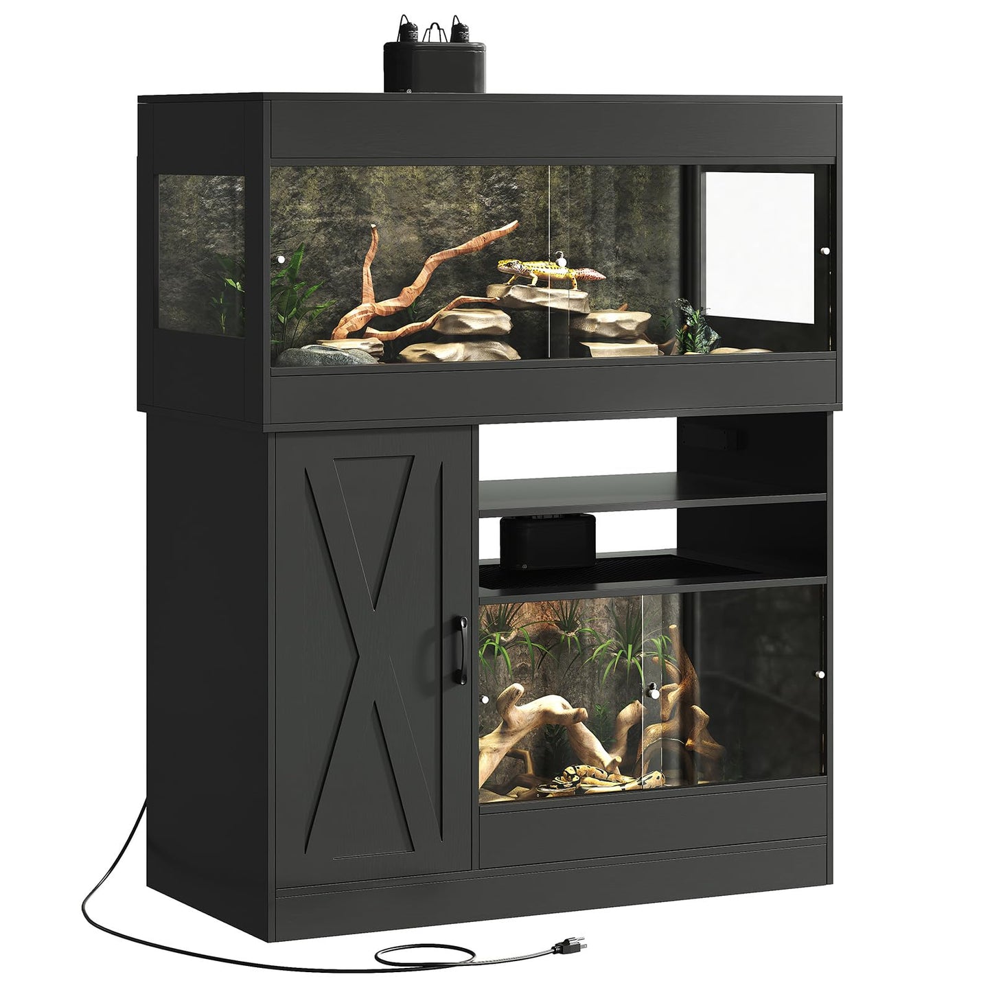 Terroute Dual Reptile Enclosure with Stand for Multiple Pets,120 Gallon Reptile Tank & 60 Gallon Reptile Terrarium with Cabinet,Sliding Doors,Power Outlet for Snakes,Lizards,Geckos Black CAGE004B