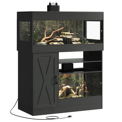 Terroute Dual Reptile Enclosure with Stand for Multiple Pets,120 Gallon Reptile Tank & 60 Gallon Reptile Terrarium with Cabinet,Sliding Doors,Power Outlet for Snakes,Lizards,Geckos Black CAGE004B