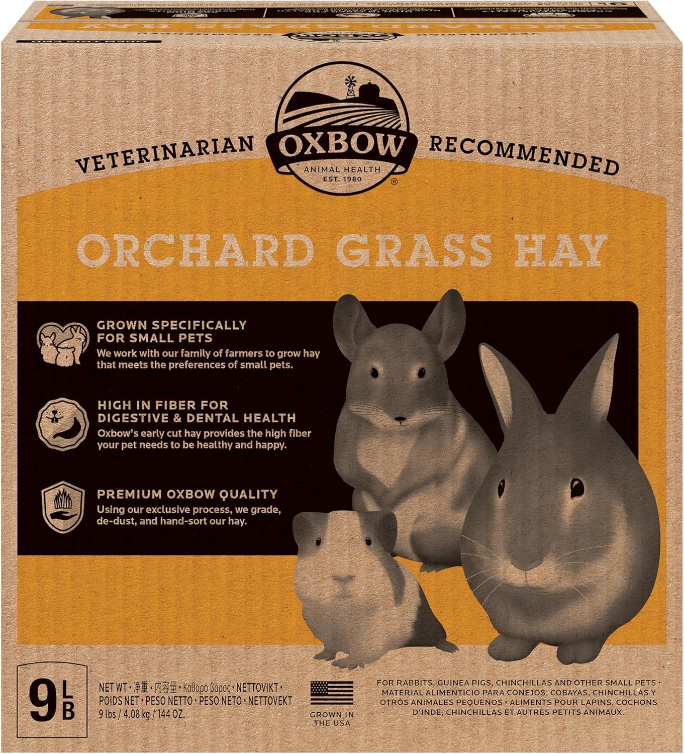 Oxbow Animal Health Orchard Grass Hay - All Natural Grass Hay for Chinchillas, Rabbits, Guinea Pigs, Hamsters, Gerbils & Other Small Pets - Fiber Rich- Grown in the USA- 9 lb.