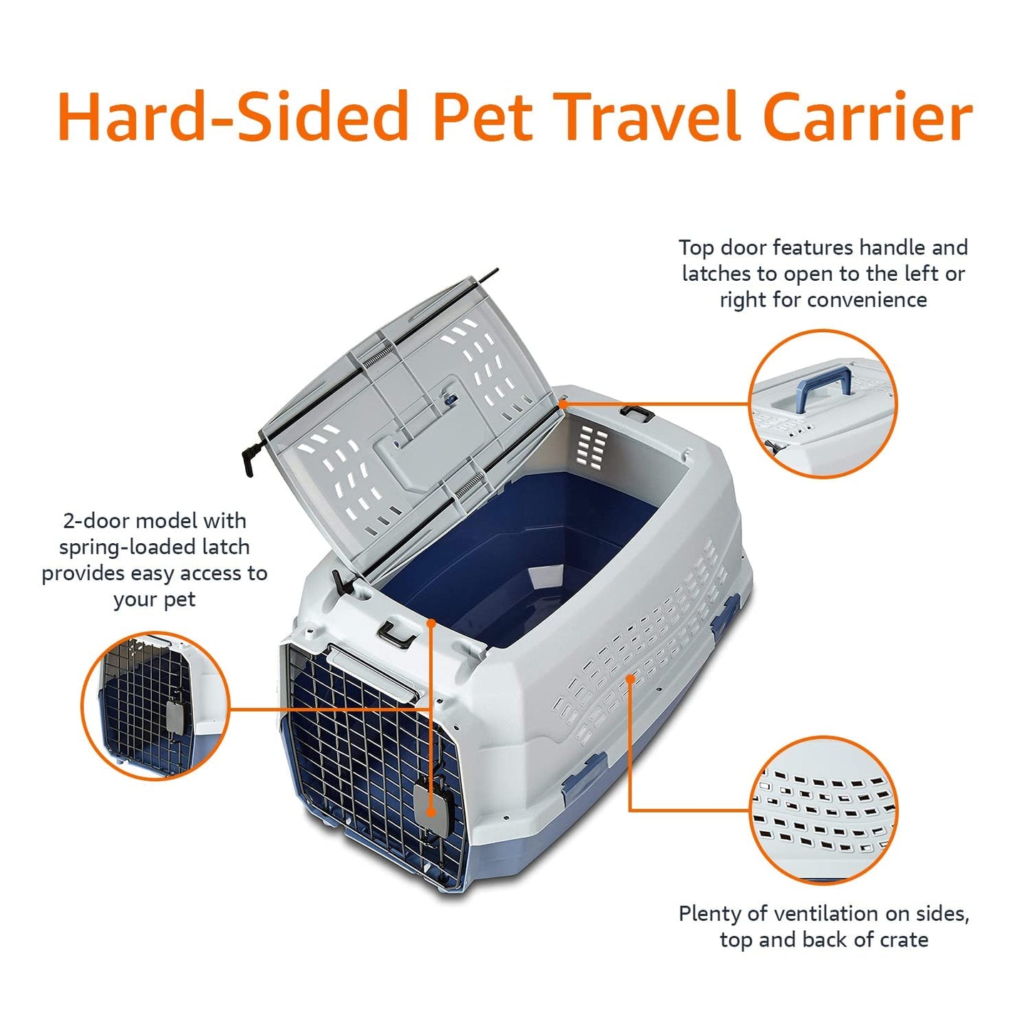 Amazon Basics Sturdy Portable 2-Door Top-Load Hard-Sided Pet Travel Carrier with Secure Ventilation, Handle, Front & Top Entry for Dogs, Cats, 22.8"L x 15"W x 13"H, Gray & Blue