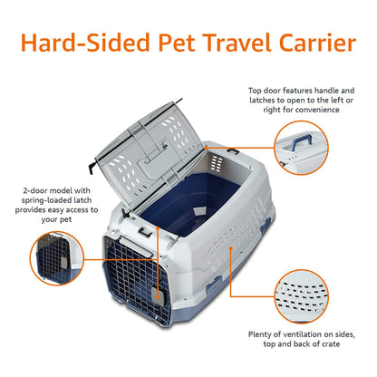 Amazon Basics Sturdy Portable 2-Door Top-Load Hard-Sided Pet Travel Carrier with Secure Ventilation, Handle, Front & Top Entry for Dogs, Cats, 22.8"L x 15"W x 13"H, Gray & Blue
