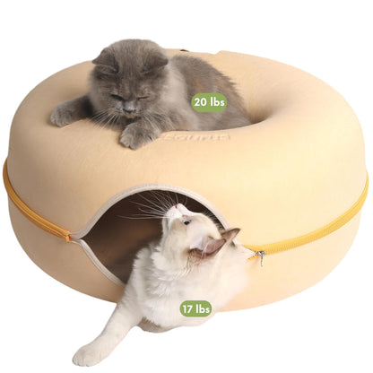Cattasaurus Peekaboo Cat Cave Donut for Multiple & Large Cats up to 30-45 lbs, 3-in-1 Self Warming Cat Bed, Tunnel & Scratcher for Indoor Cats, Washable & Detachable Dog Bed (Pastel Macaron, Large)