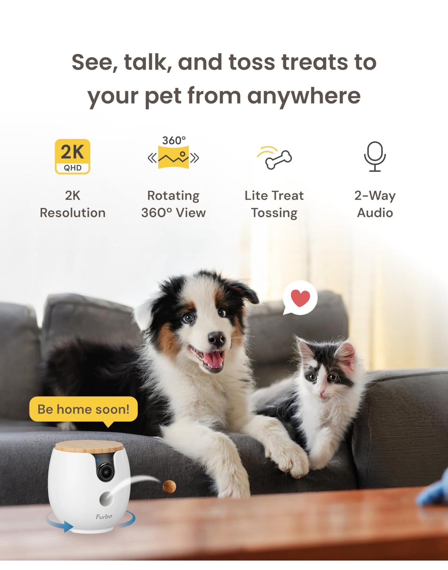Furbo Mini 360° [New] 2K QHD Pet Camera: Dog & Cat Rotating Treat Dispenser w/Phone App, Smart Indoor Cam with 2-Way Speaker & Night Vision. No Subscription Needed. Standard See, Talk, & Toss Features