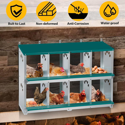Toriexon Chicken Nesting Box, 8 Compartment Metal Nesting Box, Wall Mountable Nesting Boxes for Chicken, 42.5" L x 13.0" W x 25.0" H, Green